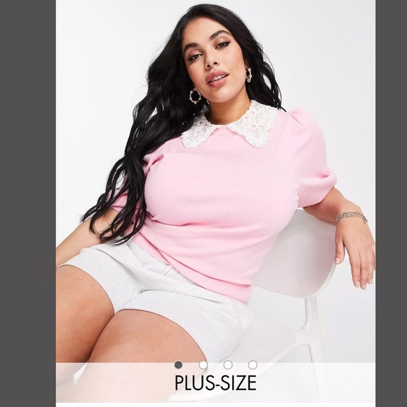 River Island Tops - River Island Plus poplin Pearl/lace collared knit top in pink